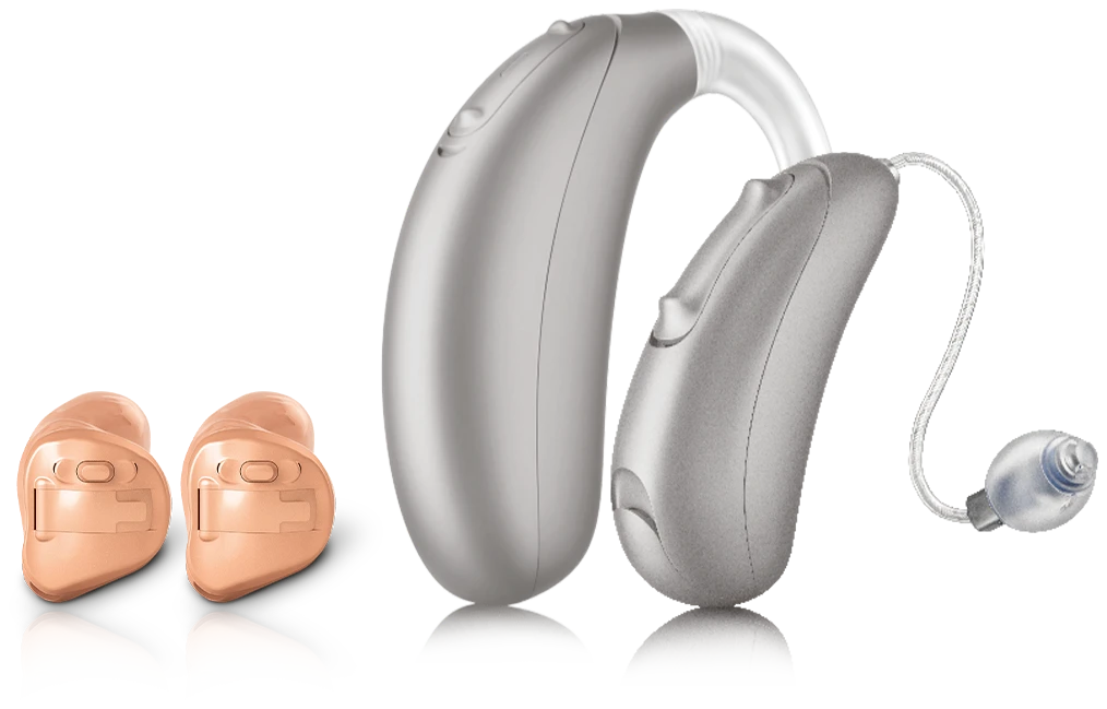 Aparelhos auditivos da linha Vista, da Argosy: um par de modelos dentro do ouvido, um modelo atrás da orelha e um modelo com receptor no canal