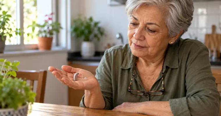 Mulher de cerca de 70 anos olhando um pequeno aparelho auditivo na palma da mão