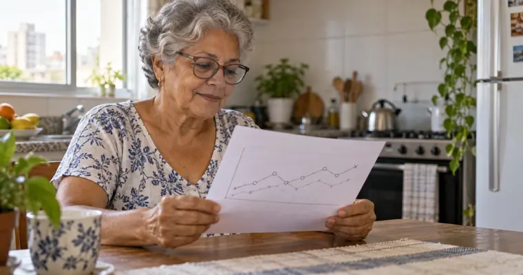 Mulher de cerca de 70 anos, de óculos, lendo uma folha com um gráfico de resultado de exame