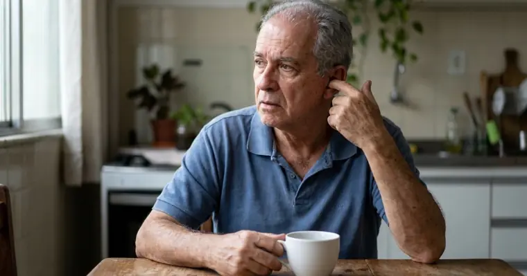Homem de cerca de 65 anos, de cabelos grisalhos, sentado à mesa da cozinha com um dedo encostado na orelha