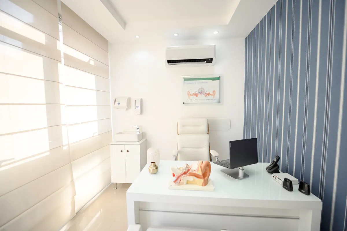 O consultório da Hear Clean, com a mesa da fonoaudióloga e o modelo da orelha