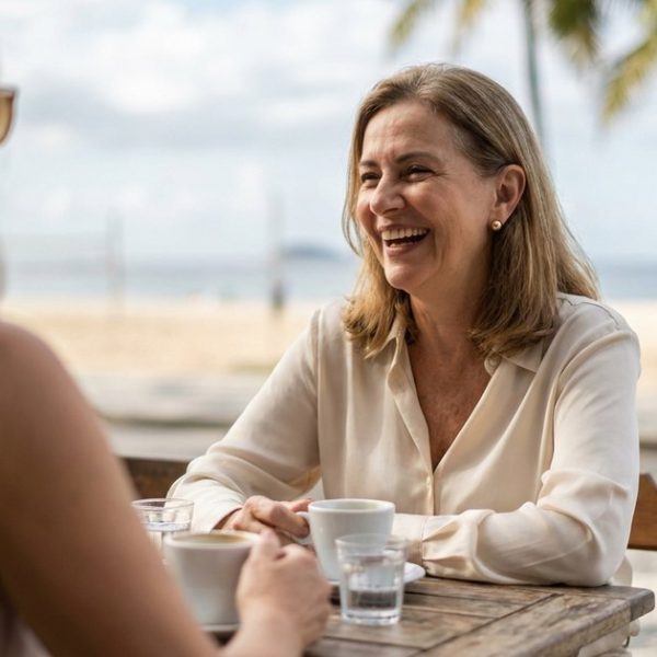 Mulher de cerca de 60 anos, de cabelo castanho claro, rindo numa conversa com uma amiga num café de frente para a praia