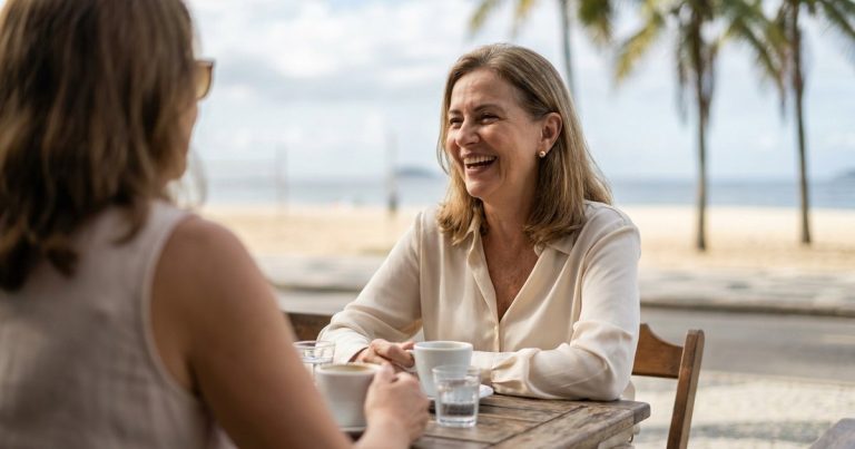 Mulher de cerca de 60 anos, de cabelo castanho claro, rindo numa conversa com uma amiga num café de frente para a praia