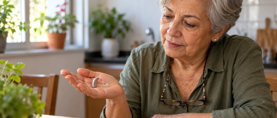 Mulher de cerca de 70 anos, de cabelos grisalhos, sentada à mesa da cozinha olhando um pequeno aparelho auditivo na palma da mão