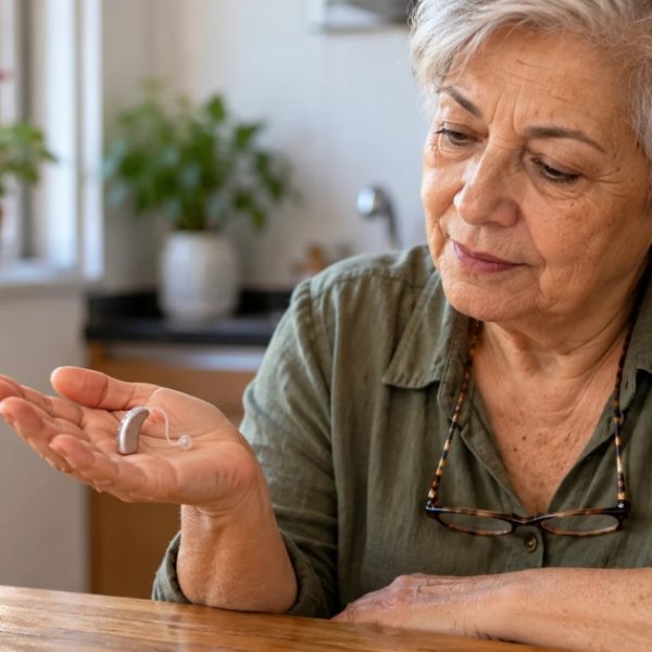 Mulher de cerca de 70 anos, de cabelos grisalhos, sentada à mesa da cozinha olhando um pequeno aparelho auditivo na palma da mão