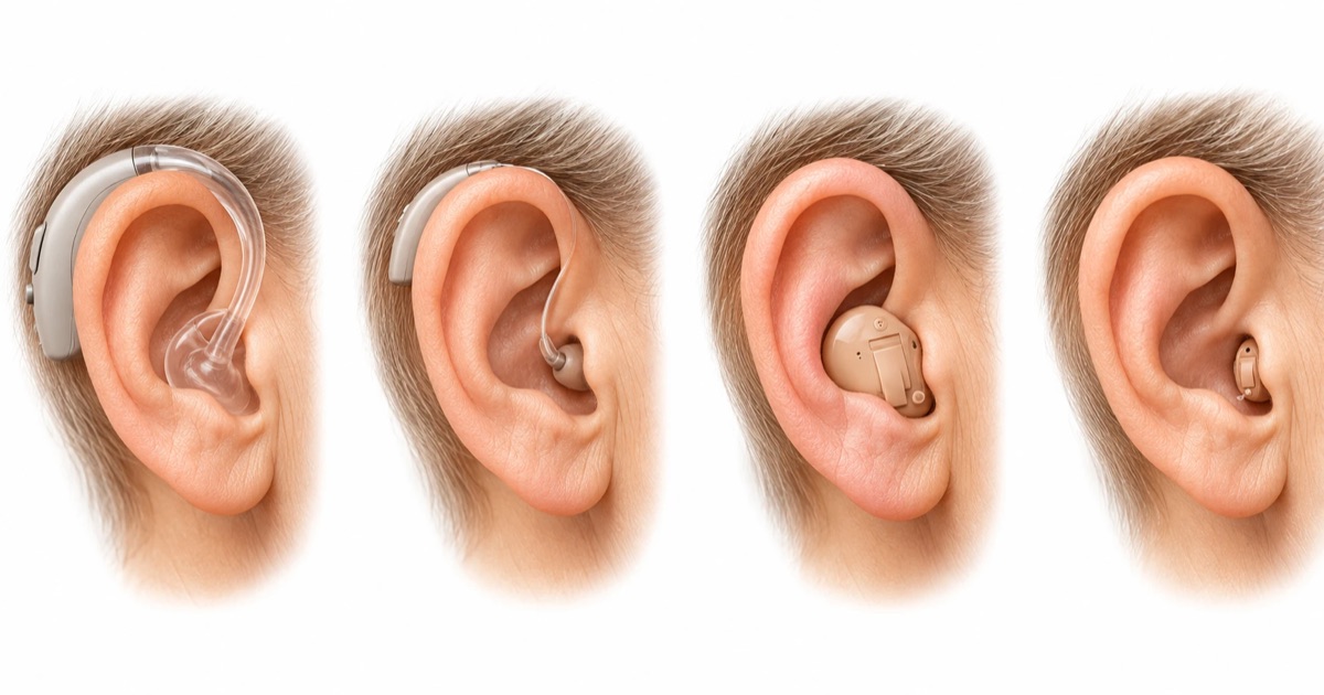 Ilustração de quatro orelhas, cada uma com um tipo de aparelho auditivo: retroauricular com molde, receptor no canal, intra-auricular na concha e microcanal dentro do canal