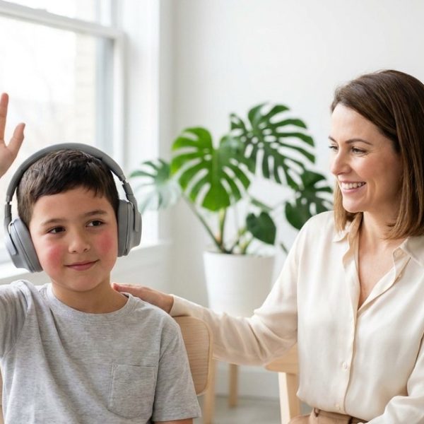 Menino de uns 8 anos com fone de ouvido grande levanta a mão ao ouvir um som, ao lado da mãe, que sorri e apoia a mão no ombro dele numa sala clara