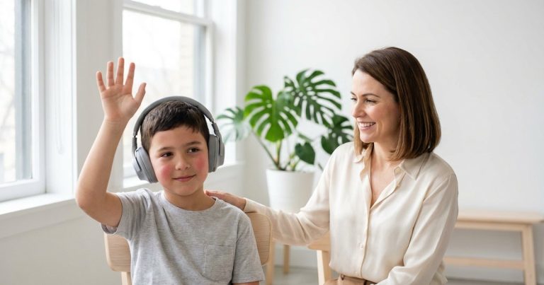 Menino de uns 8 anos com fone de ouvido grande levanta a mão ao ouvir um som, ao lado da mãe, que sorri e apoia a mão no ombro dele numa sala clara