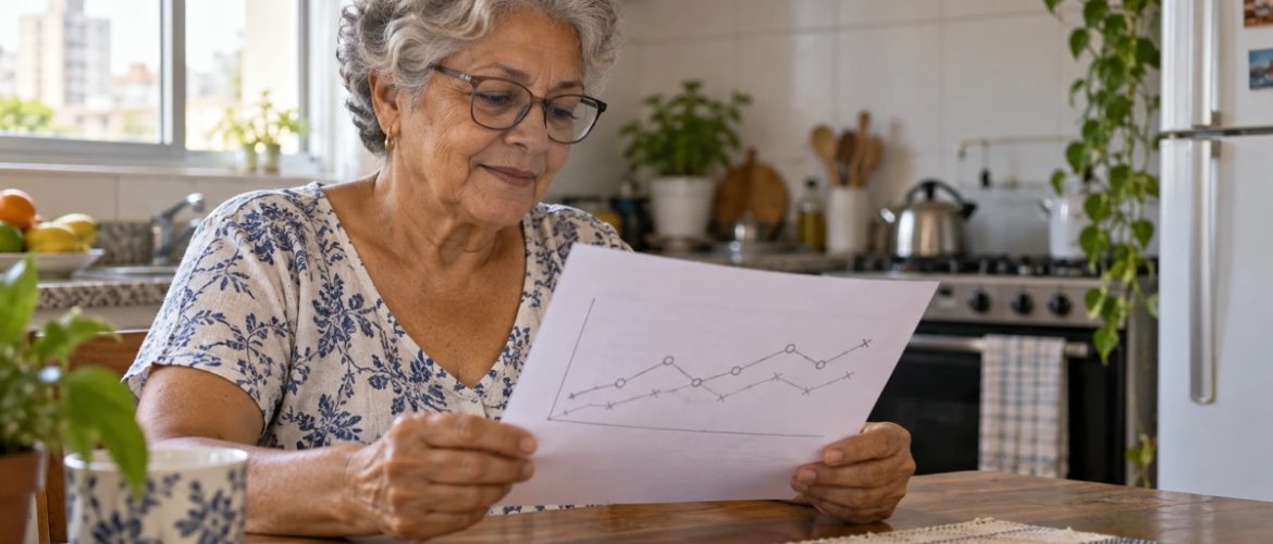 Mulher de cerca de 70 anos, de óculos, sentada à mesa da cozinha lendo uma folha com um gráfico de resultado de exame