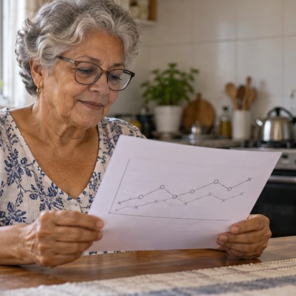 Mulher de cerca de 70 anos, de óculos, sentada à mesa da cozinha lendo uma folha com um gráfico de resultado de exame
