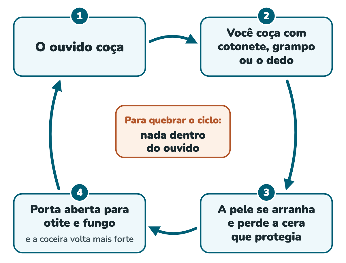 Fluxograma em ciclo com quatro etapas: o ouvido coça, você coça com cotonete, grampo ou o dedo, a pele se arranha e perde a cera que protegia, e fica a porta aberta para otite e fungo, com a coceira voltando mais forte; no centro, o aviso para não colocar nada dentro do ouvido
