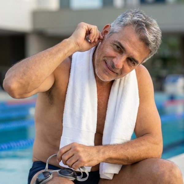 Homem de cerca de 55 anos, grisalho, sentado na borda de uma piscina com uma toalha branca no pescoço e óculos de natação na mão, inclinando a cabeça e puxando a orelha