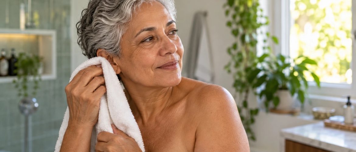 Mulher de cerca de 60 anos, de cabelos grisalhos, secando a orelha por fora com uma toalha branca depois do banho
