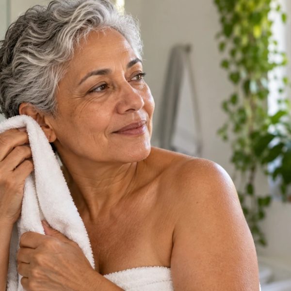 Mulher de cerca de 60 anos, de cabelos grisalhos, secando a orelha por fora com uma toalha branca depois do banho