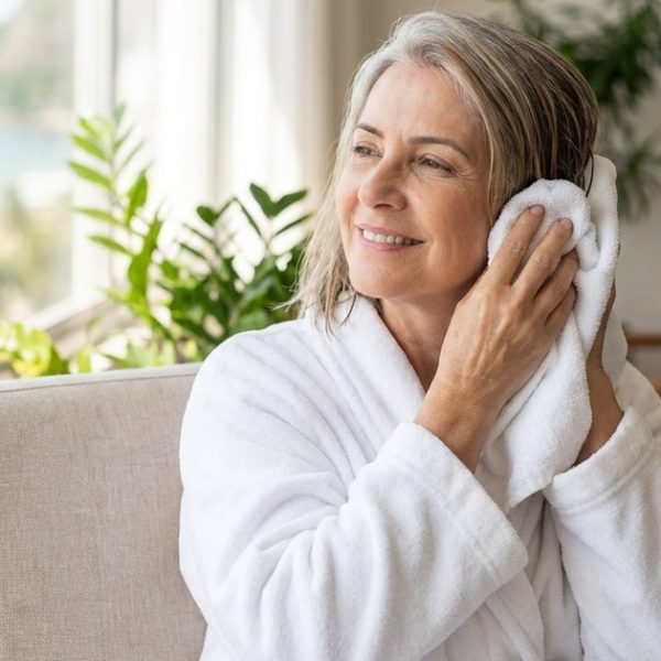 Mulher de cerca de 60 anos, de roupão branco, sorrindo e secando o cabelo e a orelha por fora com uma toalha, sentada numa poltrona junto à janela de um apartamento com vista para o mar