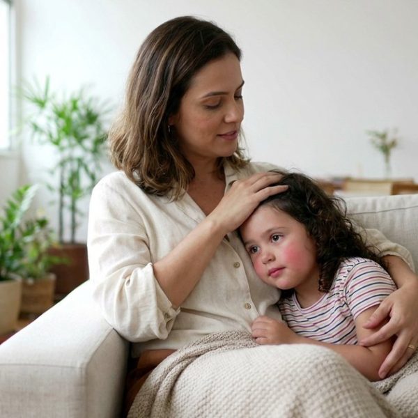 Mãe de blusa de linho clara sentada no sofá de uma sala iluminada, acariciando o cabelo da filha de uns 4 anos, que descansa tranquila no colo dela sob uma manta