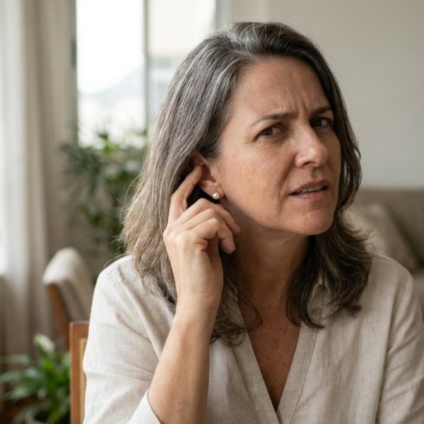 Mulher de cerca de 55 anos, de cabelo grisalho e blusa de linho clara, com a ponta dos dedos na orelha e expressão de leve incômodo, sentada na sala de um apartamento claro