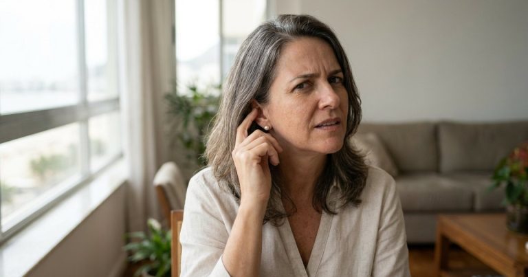Mulher de cerca de 55 anos, de cabelo grisalho e blusa de linho clara, com a ponta dos dedos na orelha e expressão de leve incômodo, sentada na sala de um apartamento claro