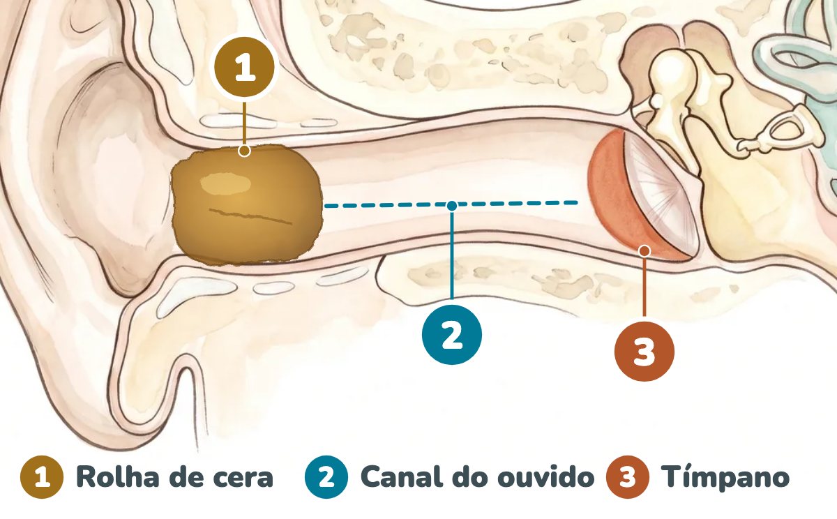 Ilustração em aquarela do ouvido em corte, com uma rolha de cera marrom tampando a parte de fora do canal do ouvido, longe do tímpano, e números marcando a rolha, o canal e o tímpano