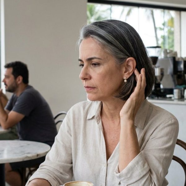 Mulher elegante de cabelo grisalho na altura do queixo, sentada num café movimentado perto da praia, olha para o lado com leve incômodo e leva a mão para trás da orelha, sem tapá-la