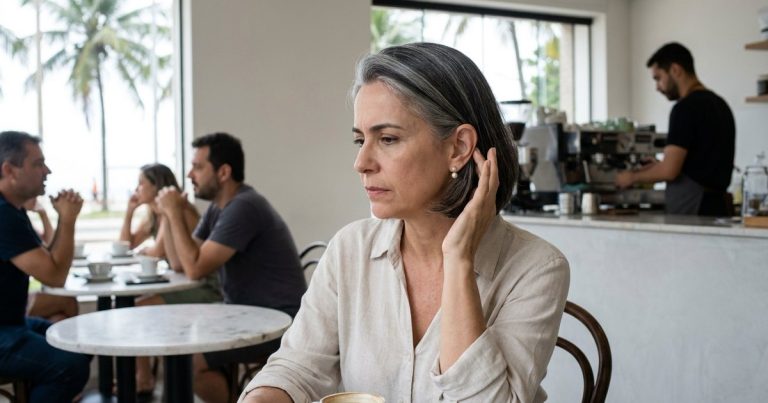 Mulher elegante de cabelo grisalho na altura do queixo, sentada num café movimentado perto da praia, olha para o lado com leve incômodo e leva a mão para trás da orelha, sem tapá-la