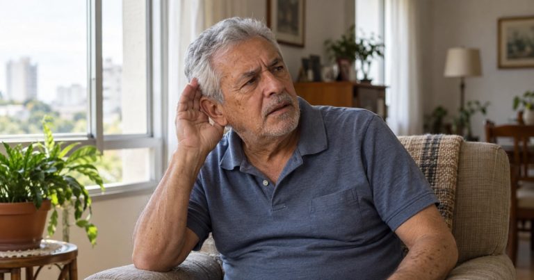 Homem de cerca de 70 anos, de cabelos grisalhos, sentado na poltrona da sala com a mão atrás da orelha, tentando ouvir melhor