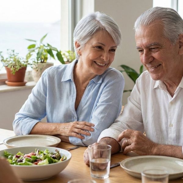 Casal de cerca de 70 anos sorrindo e conversando com a família num almoço, em apartamento claro de frente para o mar