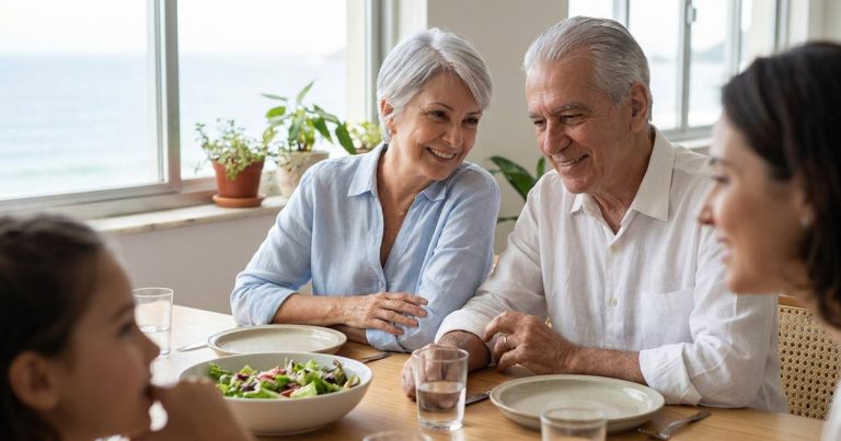 Casal de cerca de 70 anos sorrindo e conversando com a família num almoço, em apartamento claro de frente para o mar