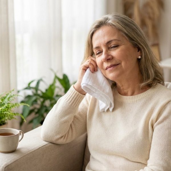 Mulher de cerca de 60 anos, de cabelo loiro acinzentado, sentada no sofá de uma sala clara, de olhos fechados, segurando um pano branco dobrado junto à orelha como compressa