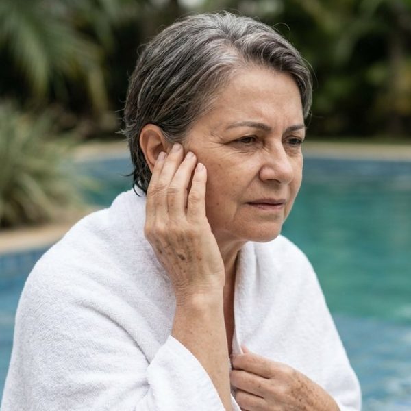 Mulher de cerca de 60 anos, de cabelo grisalho e enrolada numa toalha branca, na beira da piscina, com a mão sobre a orelha e expressão de incômodo
