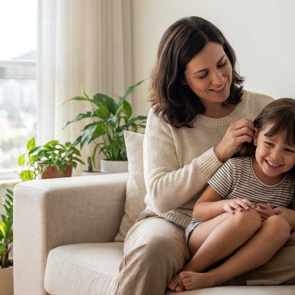 Mãe sorridente ajeita o cabelo atrás da orelha da filha pequena, sentadas num sofá claro de um apartamento iluminado, com a cidade ao fundo pela janela