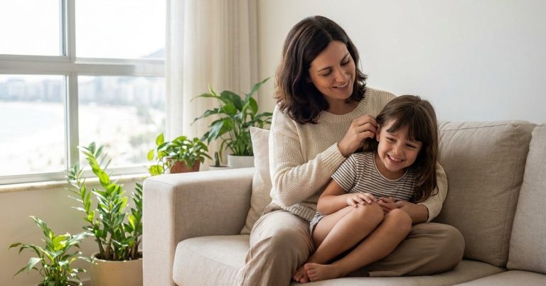 Mãe sorridente ajeita o cabelo atrás da orelha da filha pequena, sentadas num sofá claro de um apartamento iluminado, com a cidade ao fundo pela janela