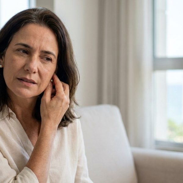 Mulher de cerca de 50 anos, de cabelo castanho e blusa de linho clara, sentada no sofá de um apartamento com vista para o mar, com os dedos junto à orelha e expressão de leve incômodo