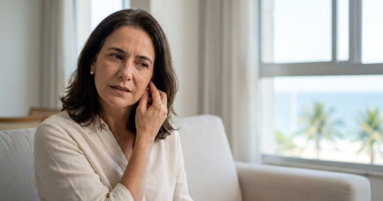 Mulher de cerca de 50 anos, de cabelo castanho e blusa de linho clara, sentada no sofá de um apartamento com vista para o mar, com os dedos junto à orelha e expressão de leve incômodo