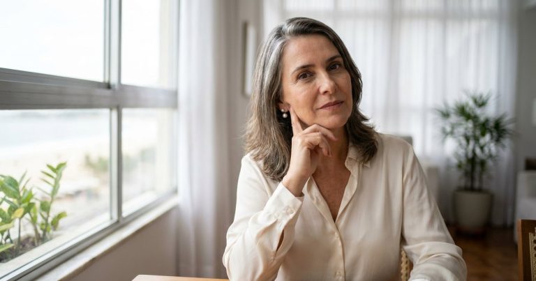 Mulher de cerca de 55 anos, de cabelo grisalho na altura dos ombros e blusa de seda creme, com o indicador perto da orelha e a mão apoiando a mandíbula, sentada junto a uma janela com vista para a praia