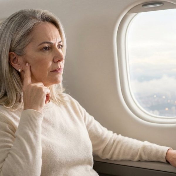 Mulher de cerca de 60 anos, loira grisalha, sentada na janela do avião com o dedo na frente da orelha e expressão de ouvido tampado