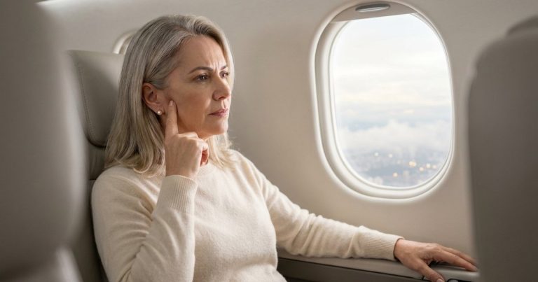 Mulher de cerca de 60 anos, loira grisalha, sentada na janela do avião com o dedo na frente da orelha e expressão de ouvido tampado