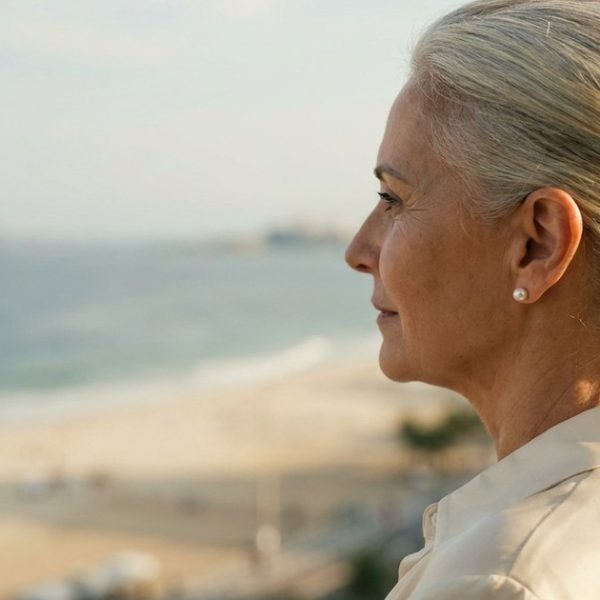 Mulher de cerca de 60 anos, de perfil, com o cabelo preso e a orelha à mostra, olhando o mar da varanda de um apartamento