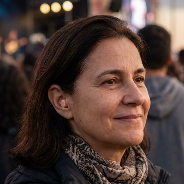 Mulher de cabelo castanho na altura dos ombros, com um protetor auricular discreto na orelha, sorri no meio do público de um show ao ar livre ao entardecer