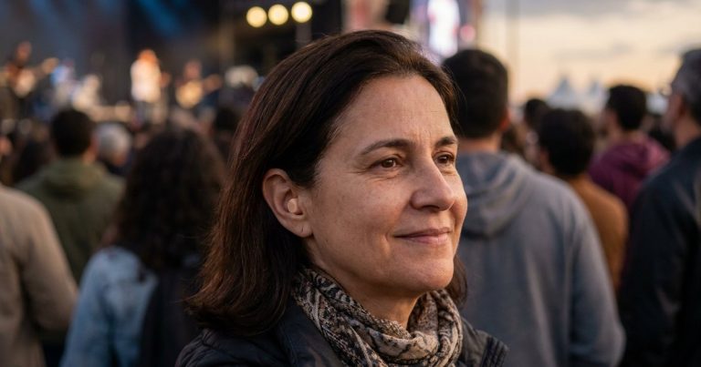 Mulher de cabelo castanho na altura dos ombros, com um protetor auricular discreto na orelha, sorri no meio do público de um show ao ar livre ao entardecer