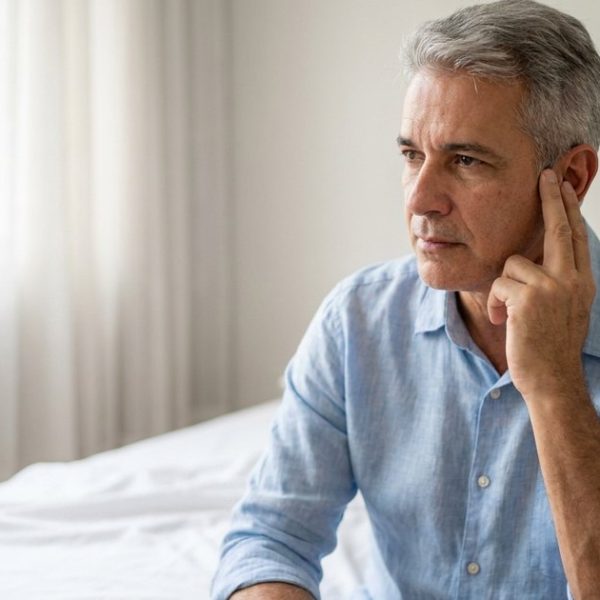 Homem grisalho de camisa azul sentado na cama pela manhã, com os dedos junto à orelha e expressão preocupada