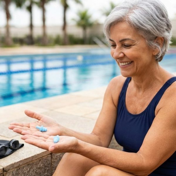 Mulher de cerca de 60 anos, grisalha e de maiô azul-marinho, sentada na borda de uma piscina com protetores de ouvido de silicone azul na palma da mão e touca e óculos ao lado