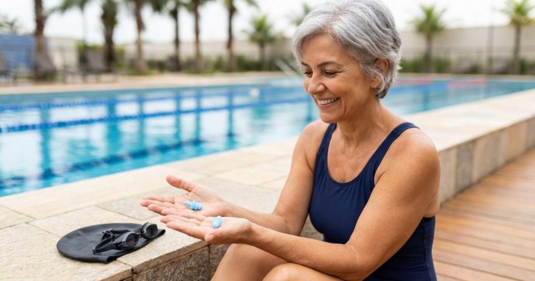 Mulher de cerca de 60 anos, grisalha e de maiô azul-marinho, sentada na borda de uma piscina com protetores de ouvido de silicone azul na palma da mão e touca e óculos ao lado