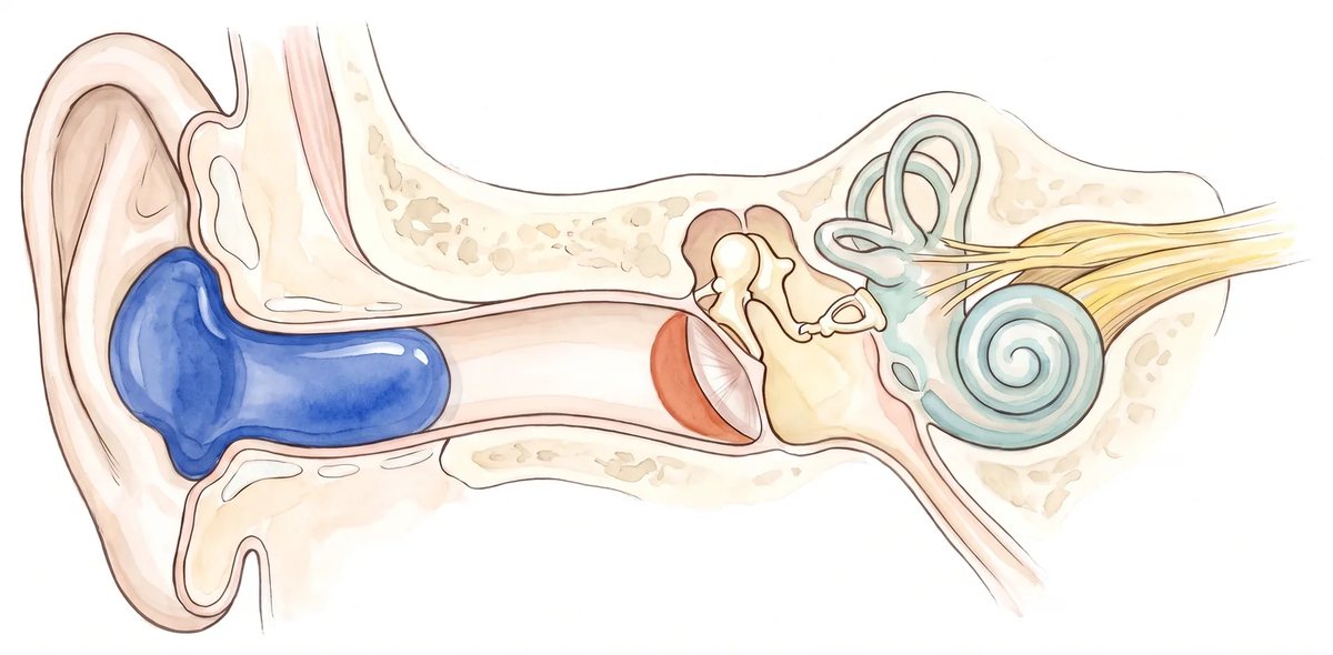 Ilustração da orelha em corte com um protetor de silicone azul moldado na concha e na entrada do canal do ouvido, sem chegar ao tímpano