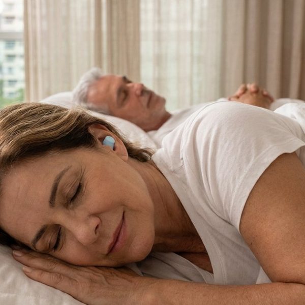 Mulher de cerca de 60 anos dormindo de lado com um pequeno protetor de ouvido azul-claro, com o marido dormindo ao fundo, num quarto claro
