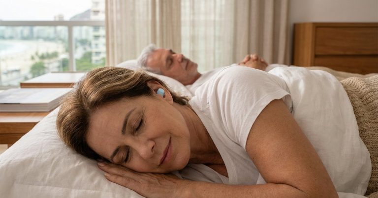 Mulher de cerca de 60 anos dormindo de lado com um pequeno protetor de ouvido azul-claro, com o marido dormindo ao fundo, num quarto claro