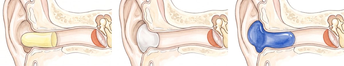 Ilustração da orelha em corte em três painéis: um protetor de espuma dentro do canal do ouvido, uma massa de silicone cobrindo só a entrada do canal e um protetor sob medida azul preenchendo a orelha e a entrada do canal, todos longe do tímpano