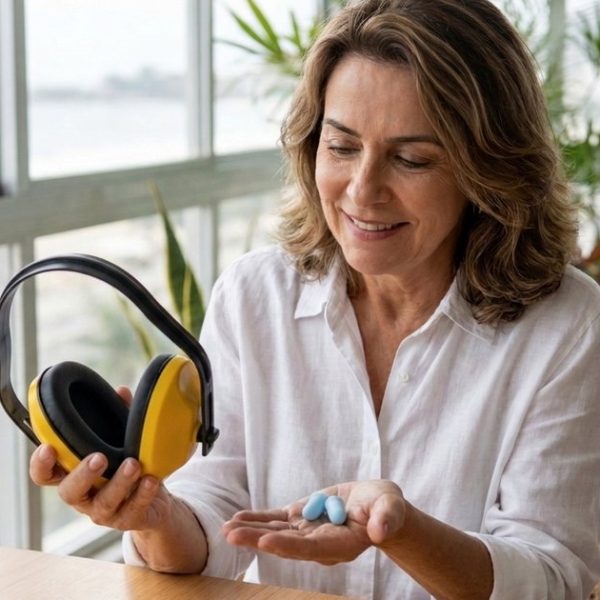 Mulher de cerca de 60 anos à mesa comparando um protetor auricular tipo concha amarelo, numa das mãos, com dois protetores tipo plug de silicone azul, na outra