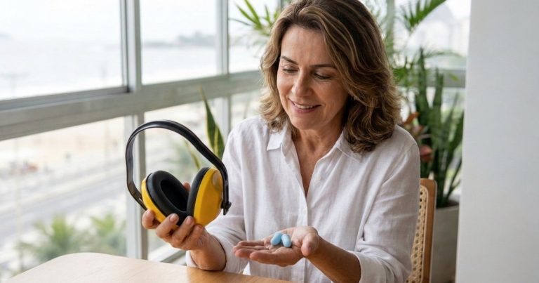 Mulher de cerca de 60 anos à mesa comparando um protetor auricular tipo concha amarelo, numa das mãos, com dois protetores tipo plug de silicone azul, na outra
