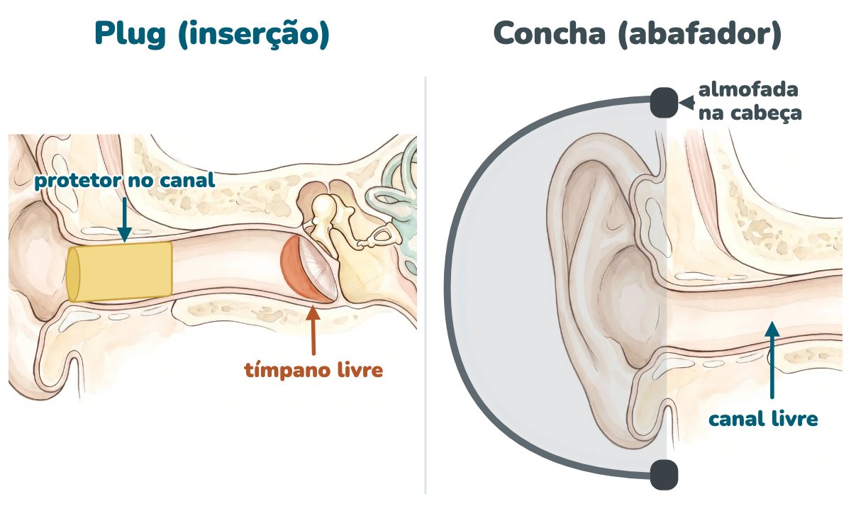 Ilustração da orelha em corte em dois painéis: à esquerda, um protetor tipo plug de espuma dentro do canal do ouvido, longe do tímpano; à direita, um protetor tipo concha cobrindo a orelha inteira, com a almofada apoiada na cabeça e o canal livre